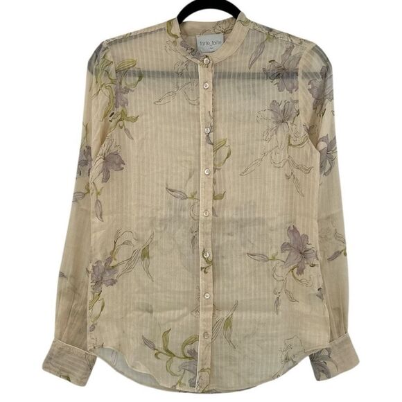 Forte Forte Cream Lily Print Italy Silk Blend Button Front Shirt Size 0 - Picture 2 of 11